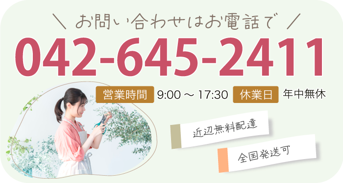 お問い合わせはお電話で TEL:042-645-2411 ■営業時間　9:00～17:30　■休業日　年中無休 近辺無料配達 全国発送可